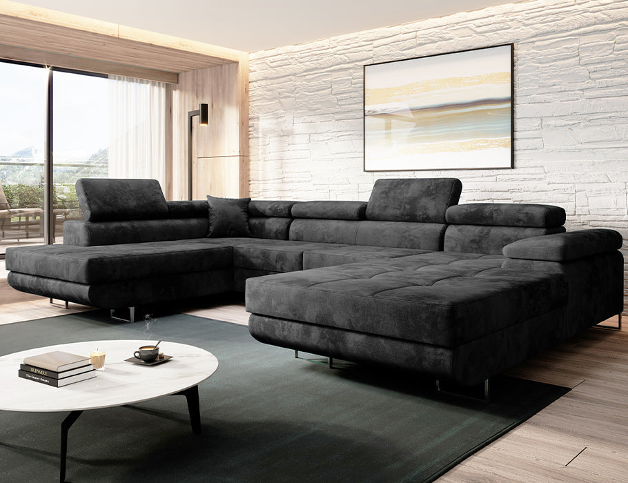 VARBERG Corner Sofa U-shape in luxurious velvet with fold-out design and headrests in a modern living room.