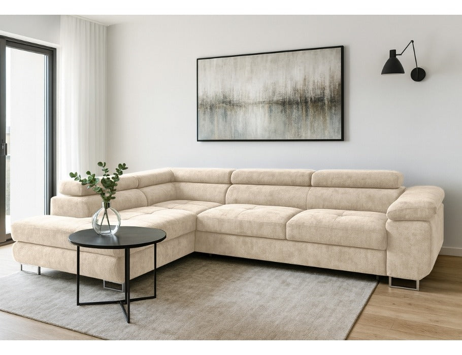 AVESTA Corner Sofa Bed in beige chenille fabric with storage, modern design, and wave spring comfort in a bright living room setting