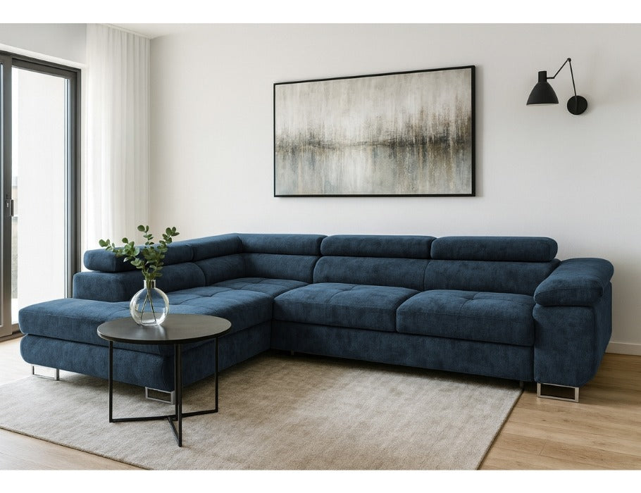 AVESTA Corner Sofa Bed in blue chenille fabric with storage and sleeping function in modern living room setting