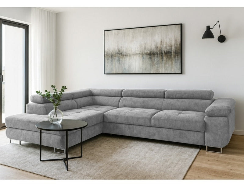 AVESTA Corner Sofa Bed in gray chenille fabric with storage, modern design, and sleeping function in a living room setting