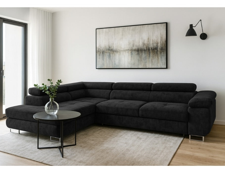AVESTA Corner Sofa Bed in black chenille fabric with storage and sleeping function in modern living room setting