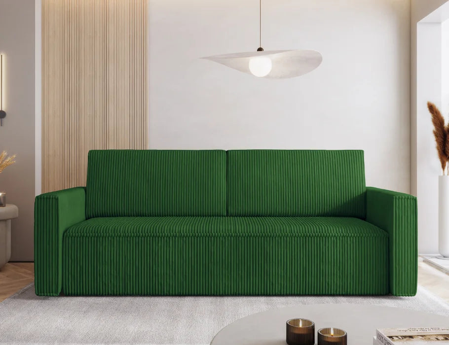 Green MIMIR Sofa Bed in modern living room setting with corduroy fabric.