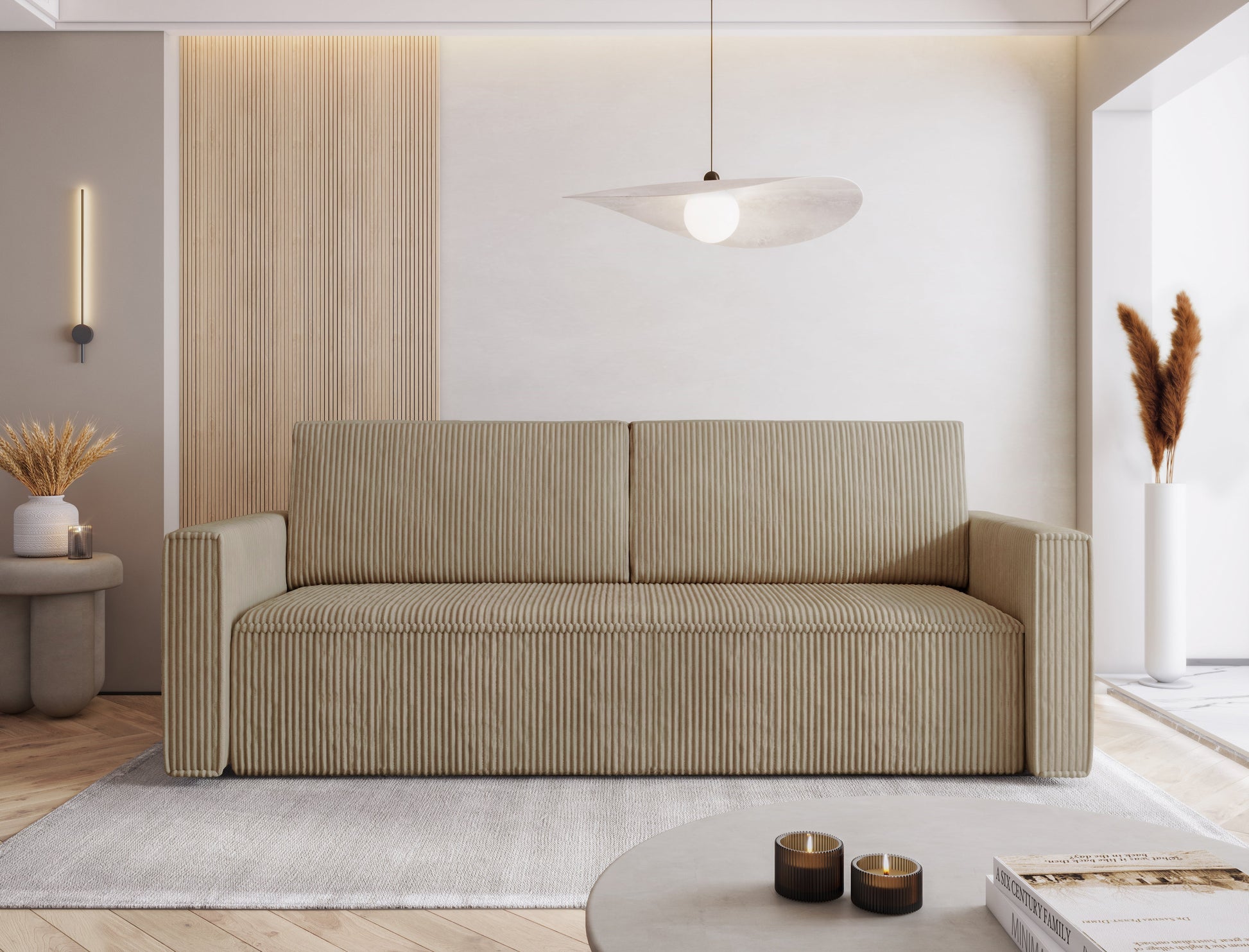 MIMIR Sofa Bed in elegant corduroy fabric in a modern living room setting.