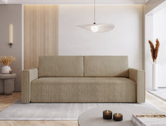 MIMIR Sofa Bed in elegant corduroy fabric in a modern living room setting.