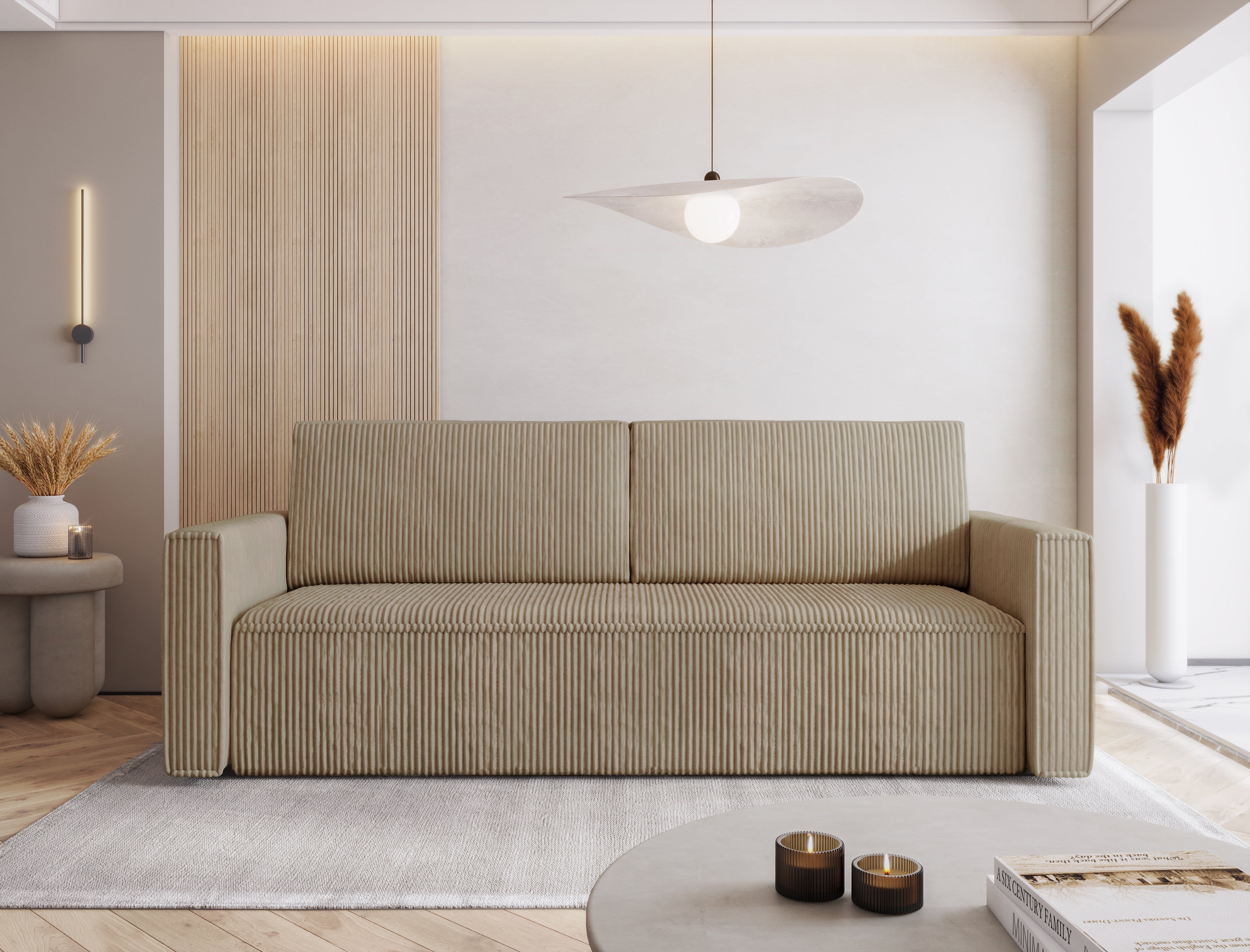 MIMIR Sofa Bed in elegant corduroy fabric in a modern living room setting.