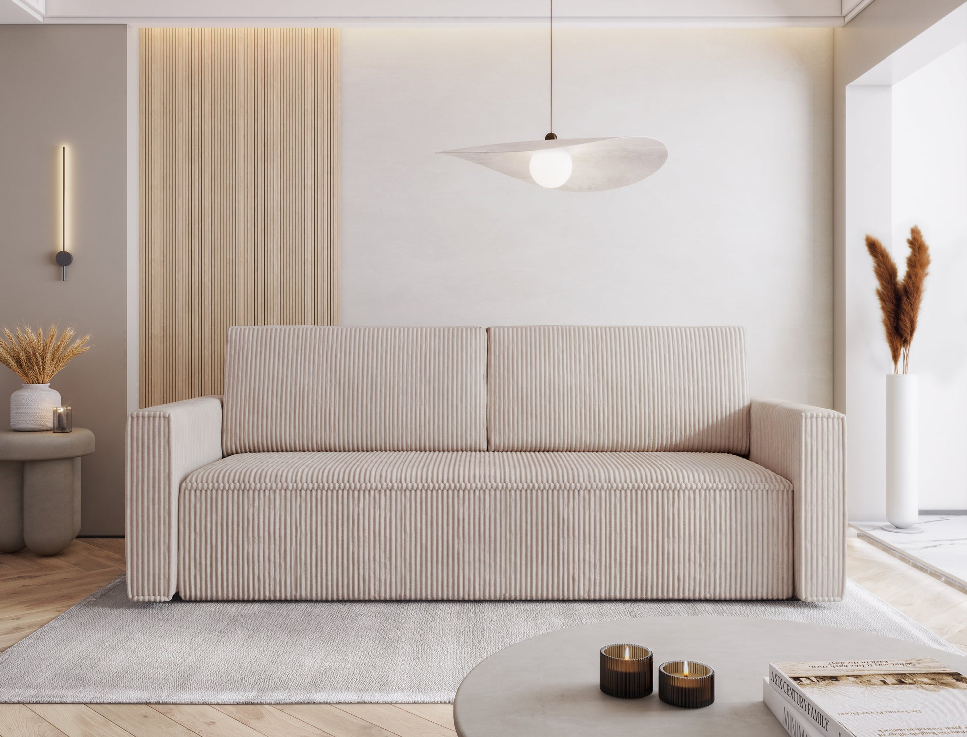 Modern MIMIR Sofa Bed in elegant corduroy fabric with sleeping function, suitable for stylish interiors.