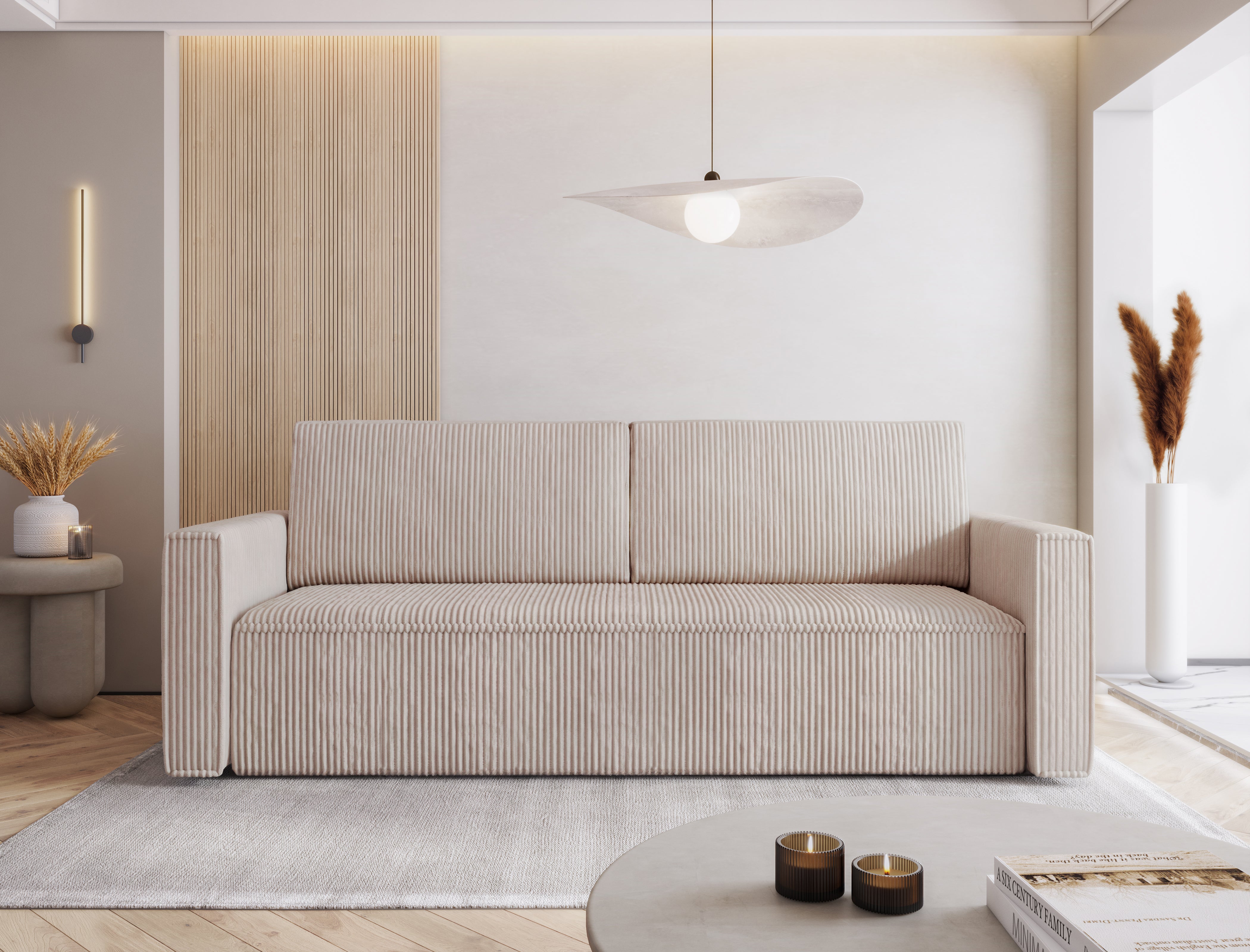 Modern MIMIR Sofa Bed in elegant corduroy fabric with sleeping function, suitable for stylish interiors.