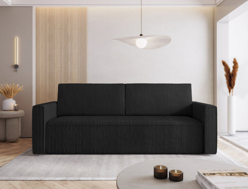 MIMIR Sofa Bed in a modern living room setting with corduroy fabric and sleeping function.