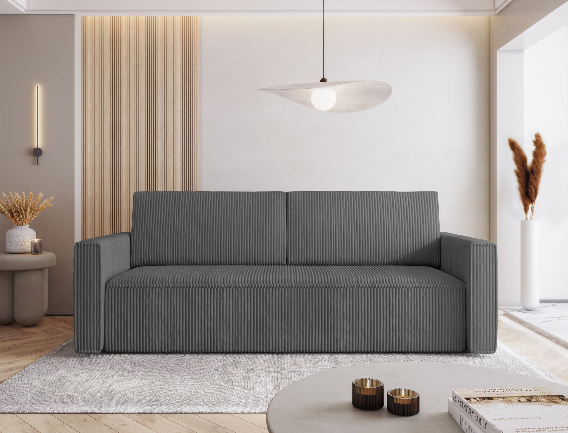 MIMIR Sofa Bed in modern living room with corduroy fabric and sleek design.