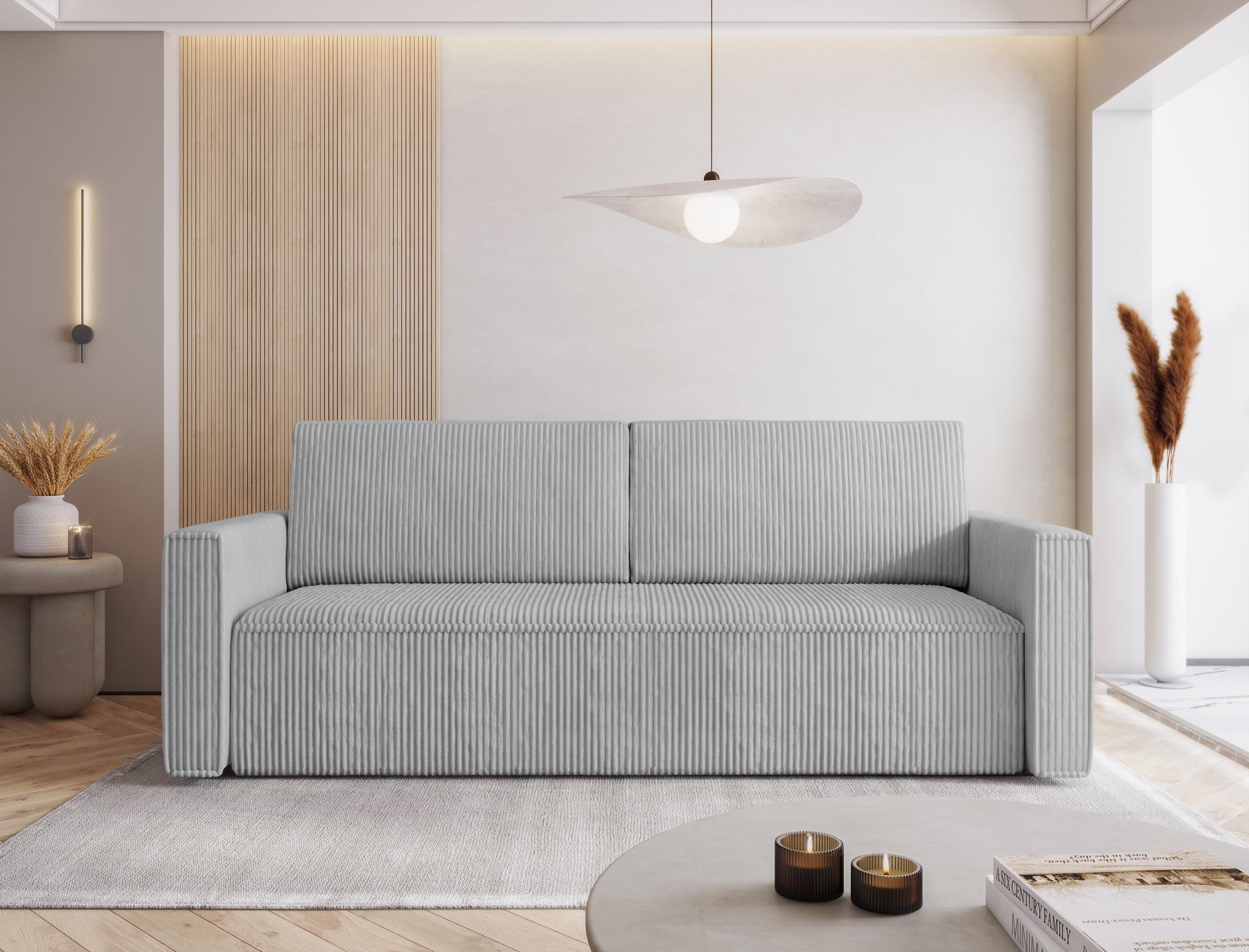 MIMIR Sofa Bed in modern living room, featuring elegant grey corduroy upholstery and transforming design.
