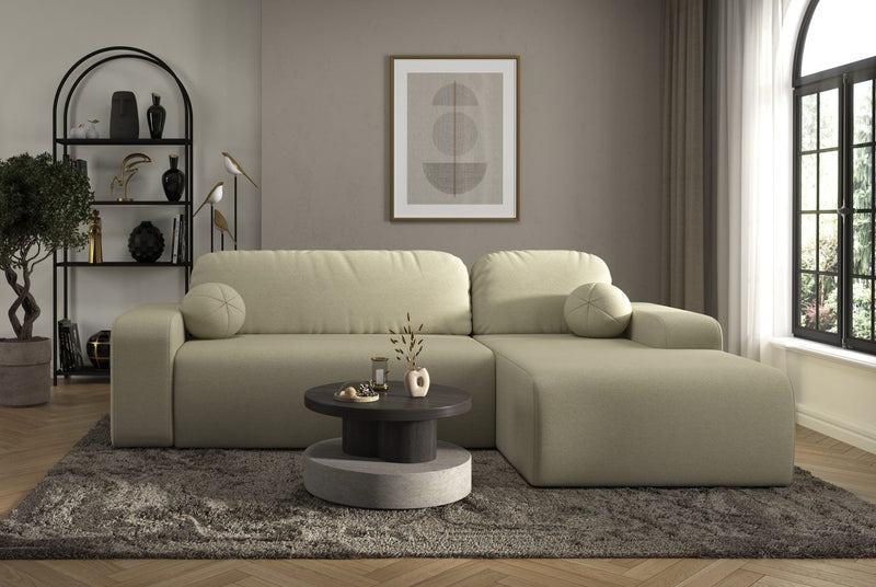 Tori Corner Sofa in Cloud fabric with storage, decorative cushions, and modern design in a living room setting