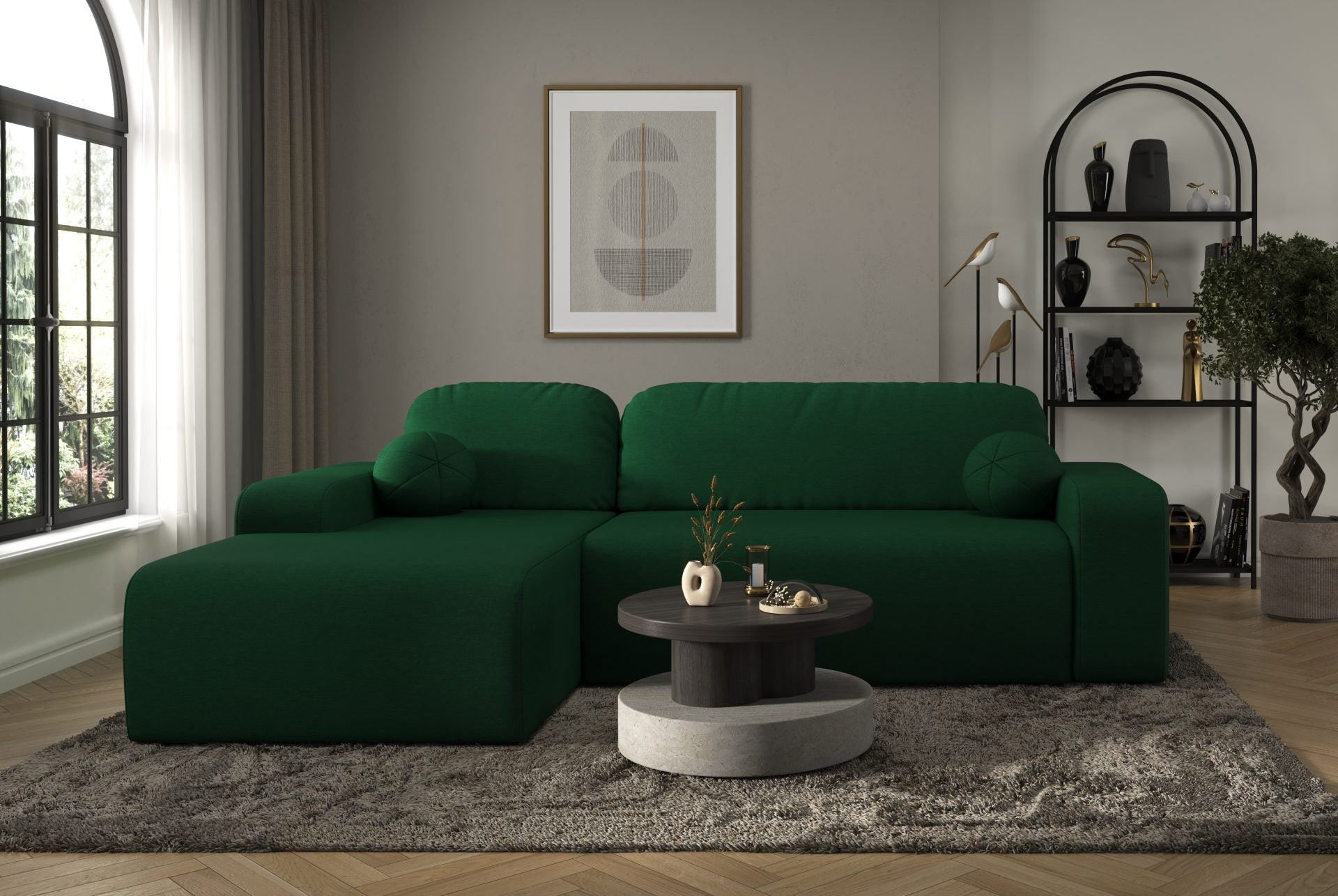 Tori Corner Sofa in dark green Cloud fabric with decorative cushions in modern living room setting