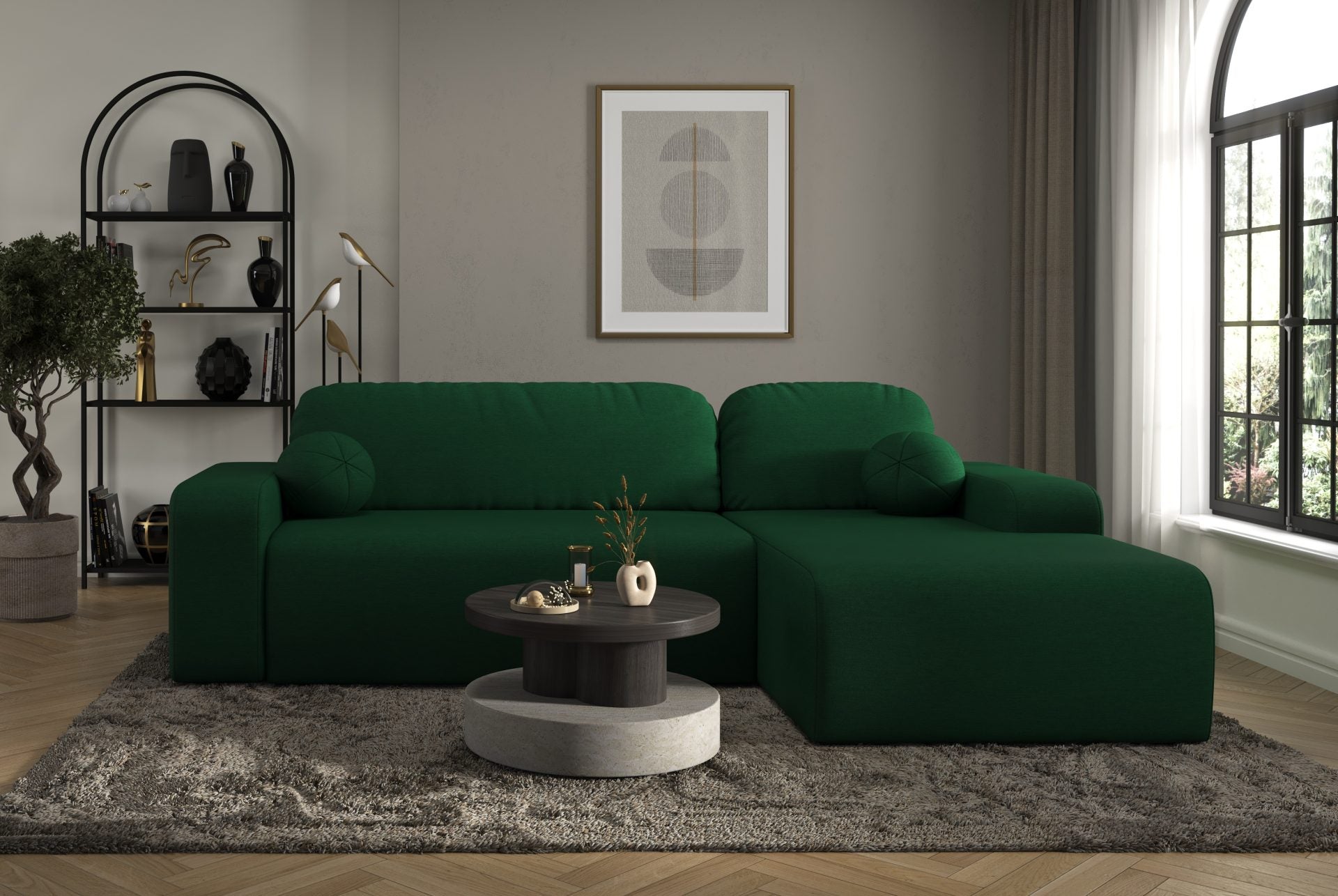 Tori Corner Sofa in green Cloud fabric with chaise, decorative cushions, and modern living room setting