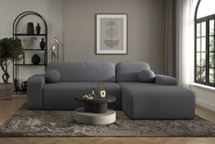 Tori Corner Sofa in dark gray Cloud fabric with chaise, decorative cushions, storage compartment, modern living room setting