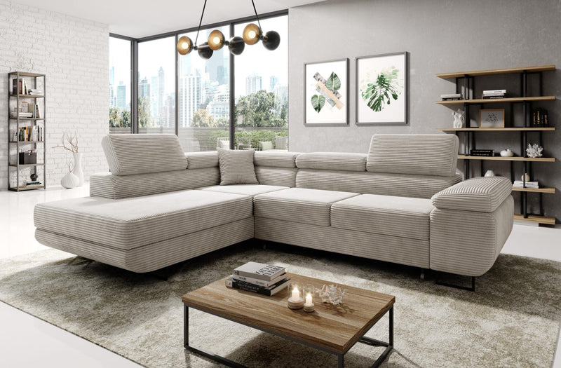 Luxurious ASTROP Corner Sofa Bed in modern living room with corduroy upholstery.