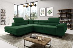 ASTROP Corner Sofa Bed in green corduroy upholstery in a modern living room.