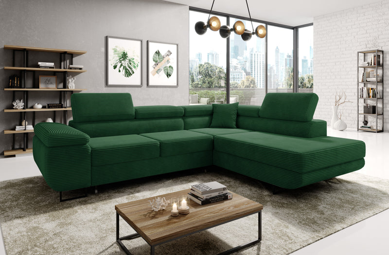 ASTROP Corner Sofa Bed with corduroy upholstery in a stylish living room setting.