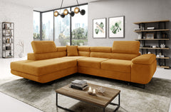 ASTORP Corner Sofa Bed in modern living room with city view and stylish decor.