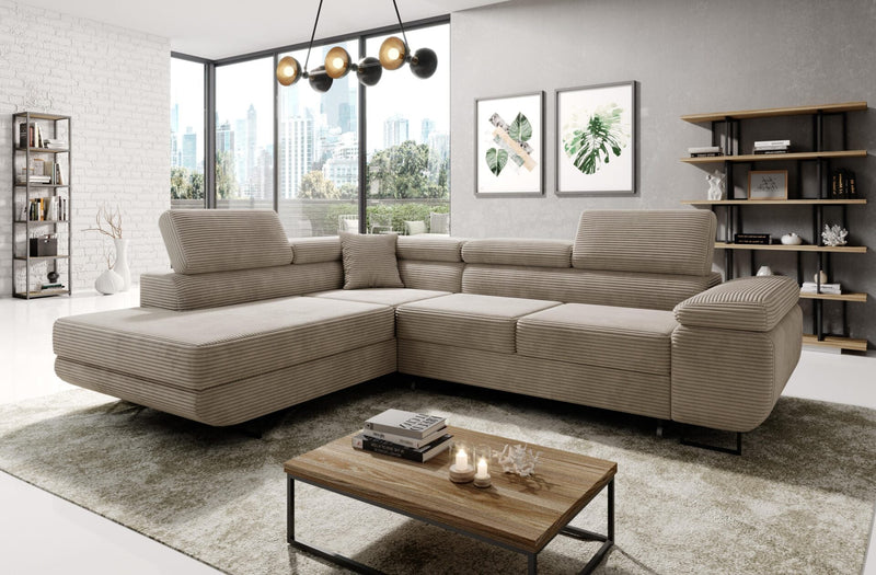 ASTROP Corner Sofa Bed in corduroy upholstery in modern living room.