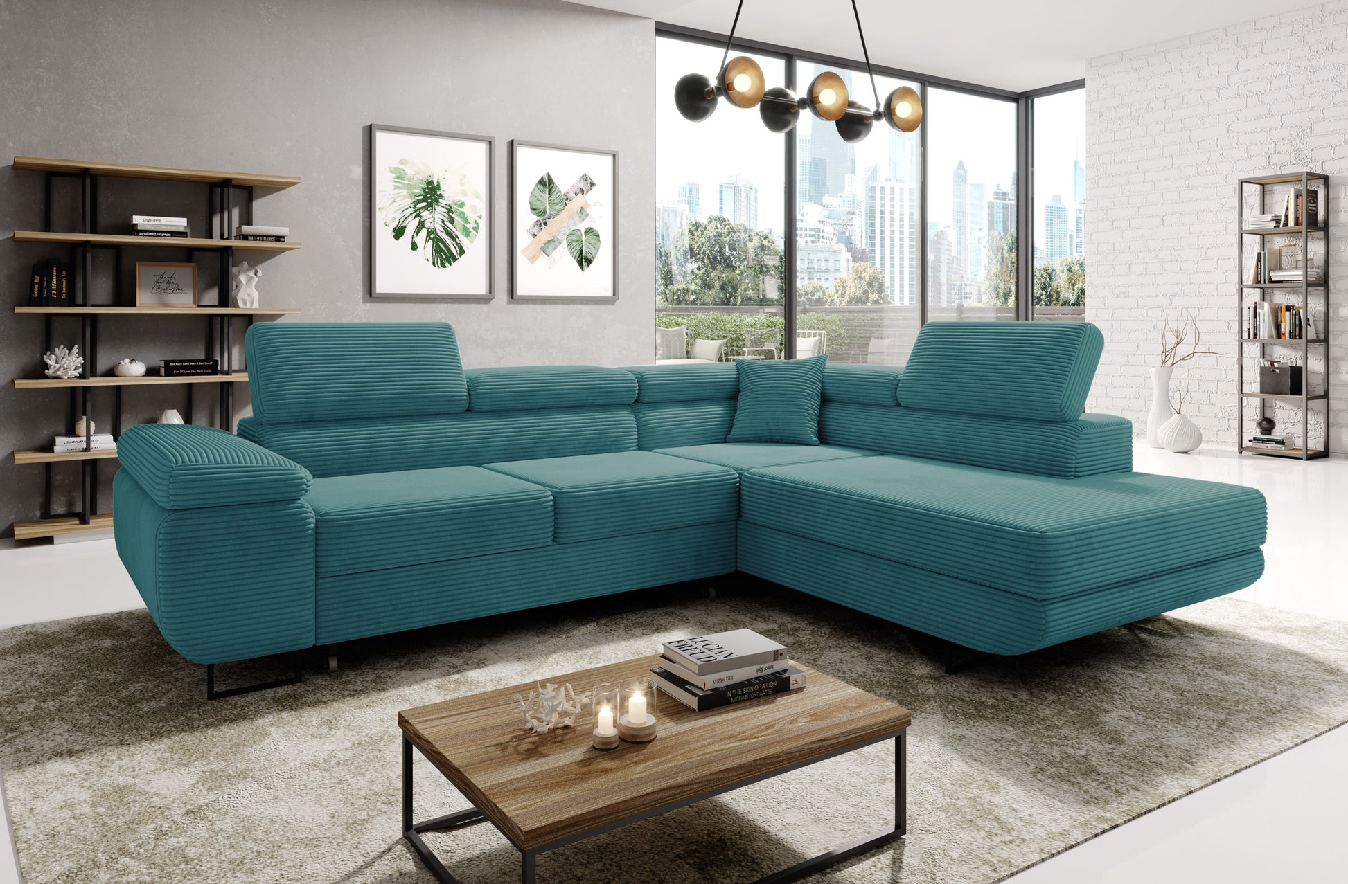 ASTROP Corner Sofa Bed in modern living room with teal corduroy upholstery.