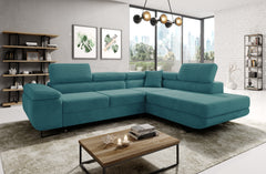 ASTROP Corner Sofa Bed in modern living room with teal corduroy upholstery.
