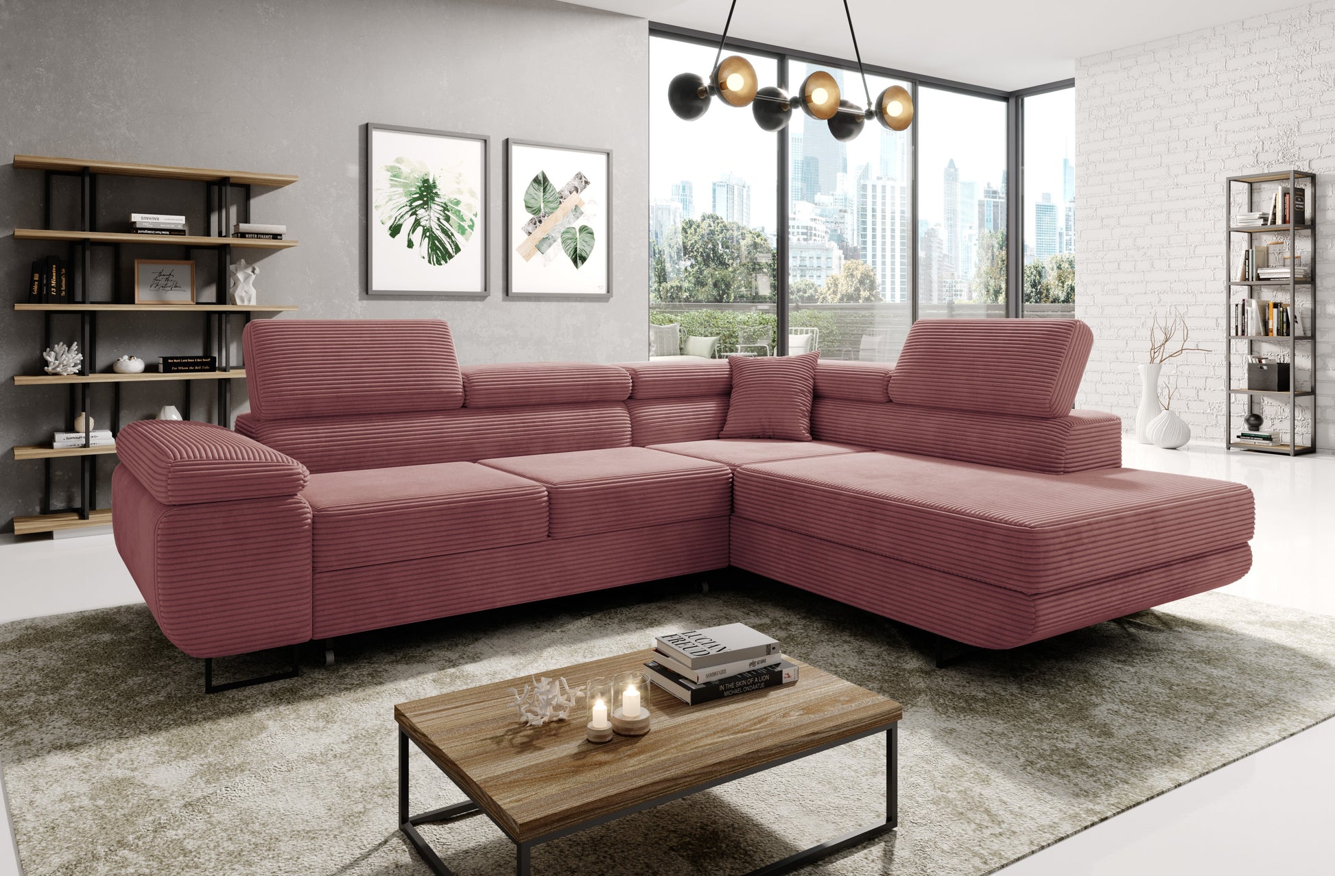 ASTROP Corner Sofa Bed with corduroy upholstery in a modern living room.