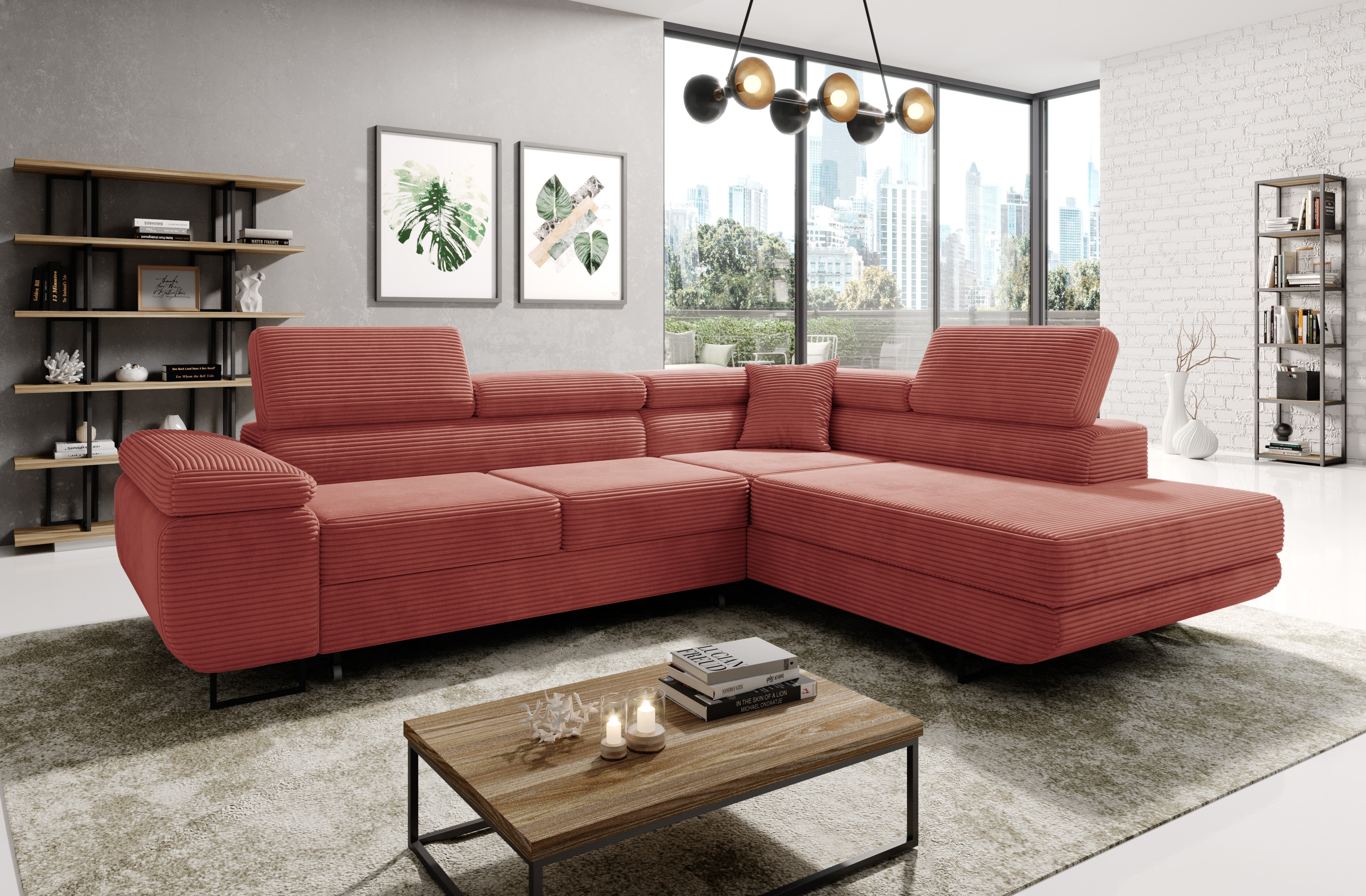 ASTROP Corner Sofa Bed in corduroy fabric in a modern living room setting.