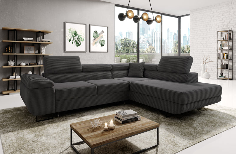 ASTROP Corner Sofa Bed in stylish corduroy upholstery in a modern living room.