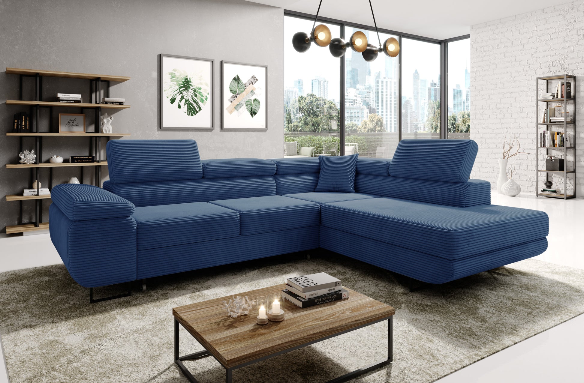 ASTROP Corner Sofa Bed in blue corduroy upholstery in a modern living room setting.