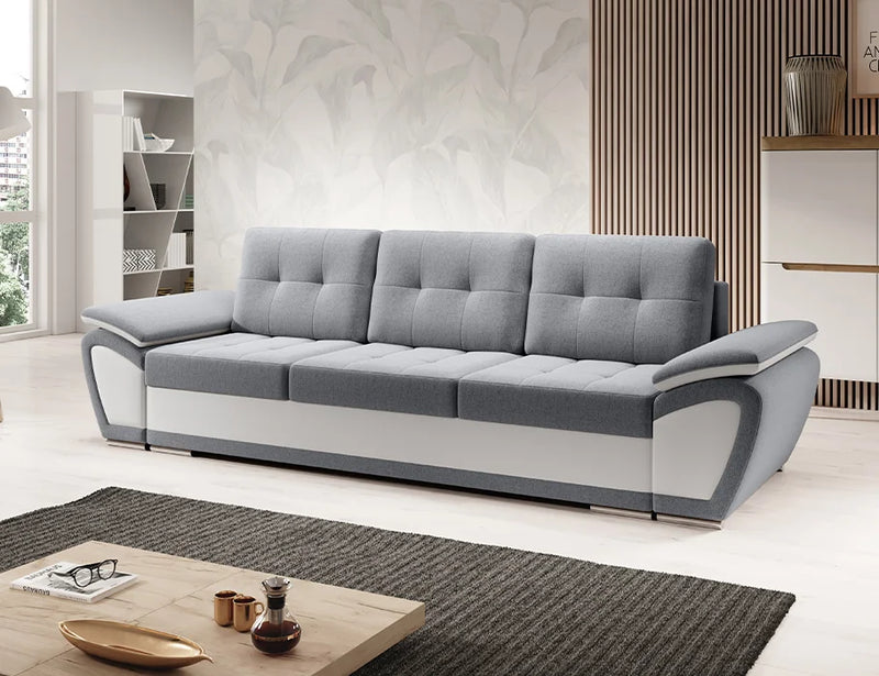 ENZO Sofa Bed in gray with spacious storage and decorative back cushions.