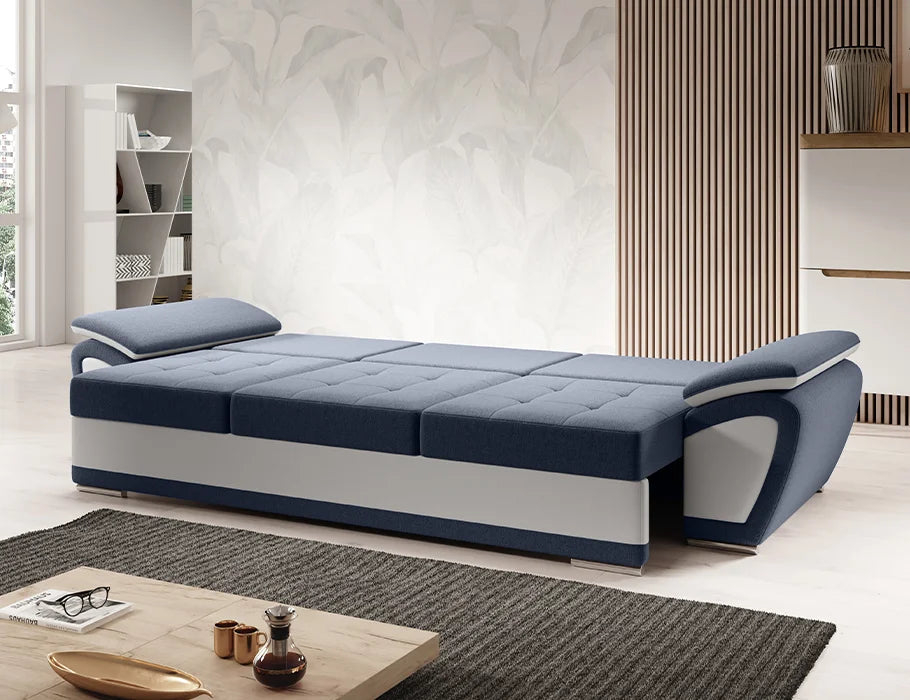 ENZO Sofa Bed in dark blue and grey, open to bed position in modern living room setting.