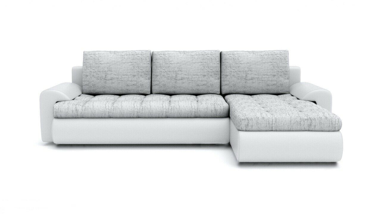 Modern white TOKYO Corner Sofa Bed with grey cushions, sleek design, and a pull-out bed function.