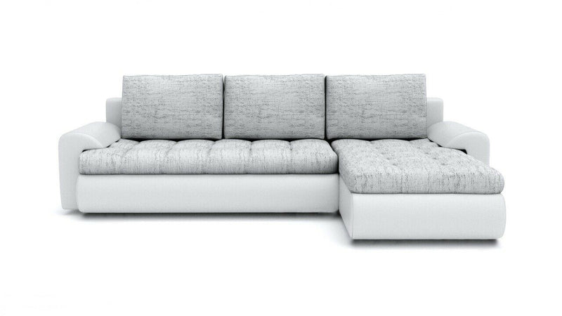 Modern white TOKYO Corner Sofa Bed with grey cushions, sleek design, and a pull-out bed function.