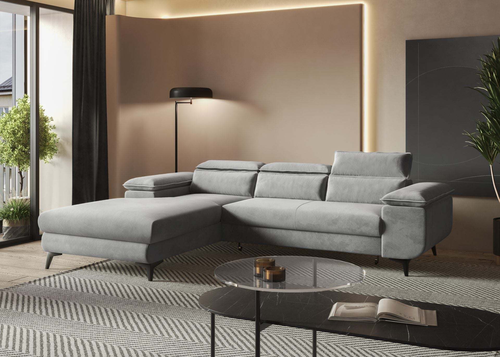 Corner sofa bed FLAT with adjustable headrests and inclined armrest in modern living room.