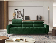 Multifunctional green BJORN sofa bed with adjustable headrests in a modern living room setting.