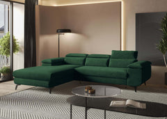 Modern green corner sofa bed in a stylish living room with adjustable headrests and hydrophobic fabric.