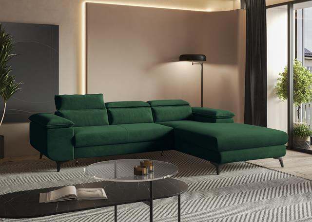 Corner sofa bed FLAT with adjustable headrests, inclined armrest, and storage container in a modern living room setting.