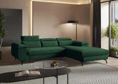 Corner sofa bed FLAT with adjustable headrests, inclined armrest, and storage container in a modern living room setting.