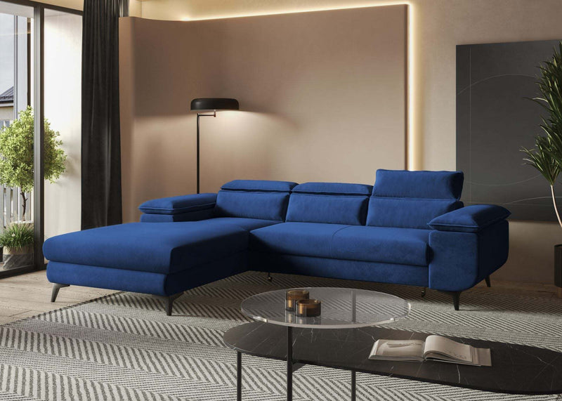 Modern blue FLAT corner sofa bed with adjustable headrests and storage.
