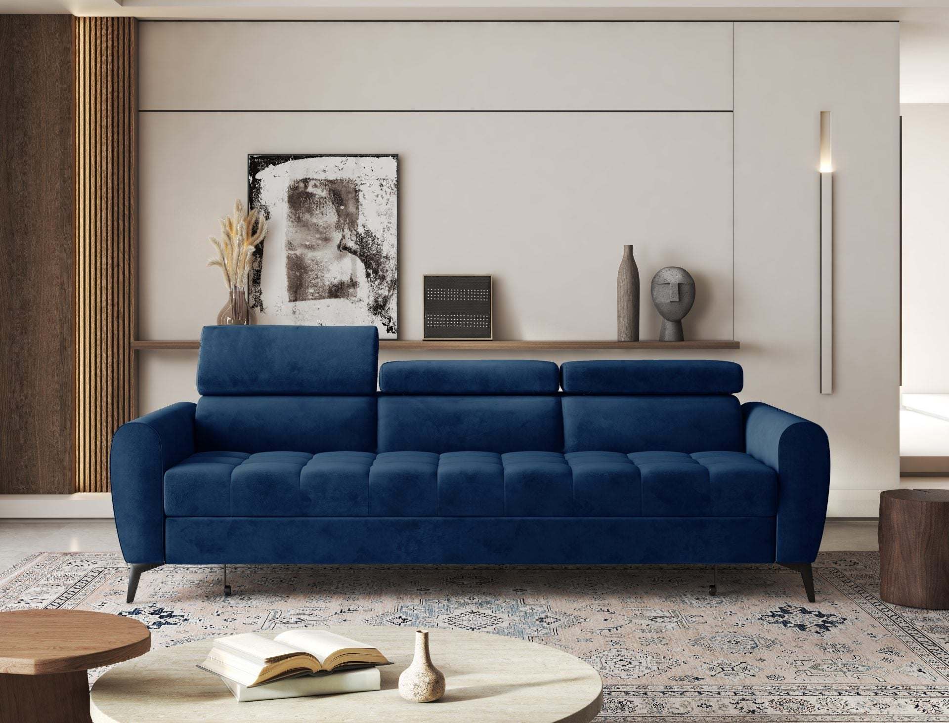 Luxurious Bjorn sofa bed in a modern living room setting with adjustable headrests and hydrophobic fabric.