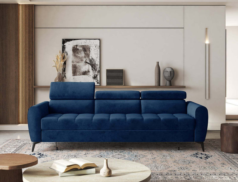 BJORN Sofa Bed in elegant living room, featuring blue hydrophobic fabric and adjustable headrests.
