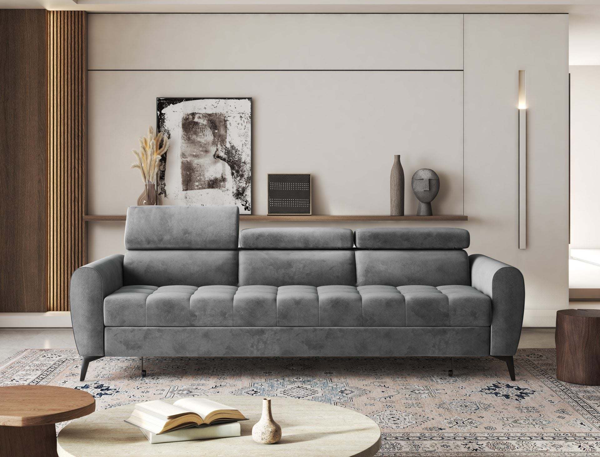 BJORN sofa bed in a modern living room setting with adjustable headrests, hydrophobic fabric, and sleeping function.