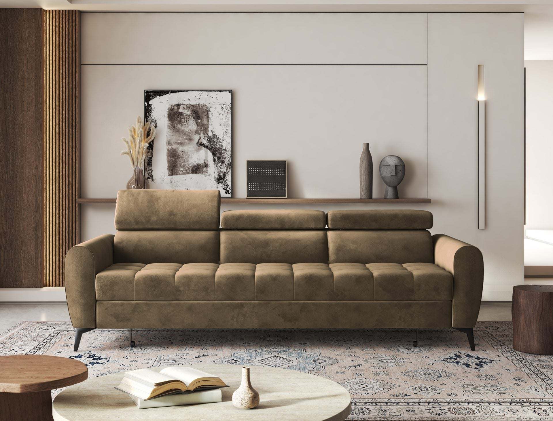 BJORN sofa bed in a modern living room setting with adjustable headrests and hydrophobic fabric.