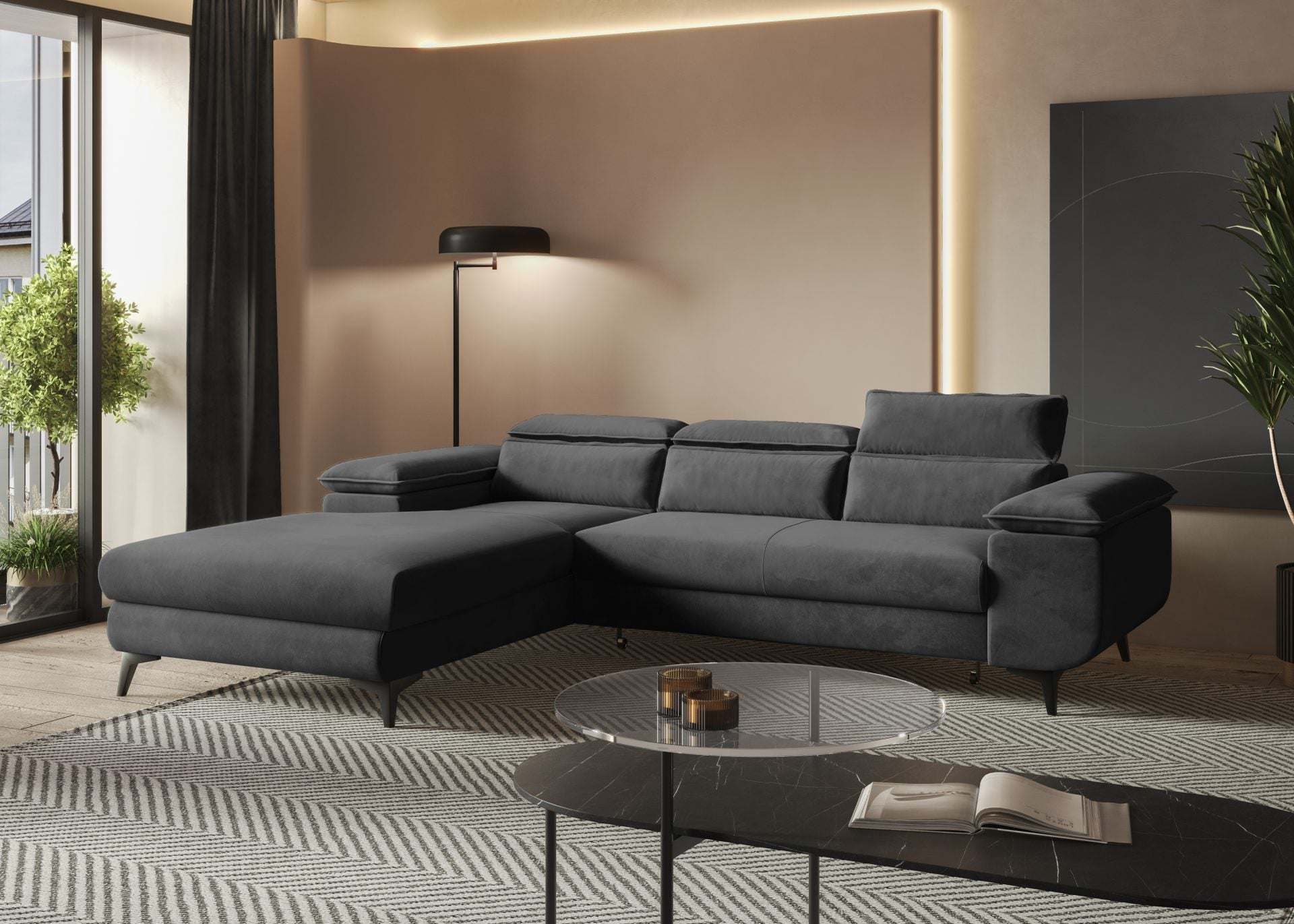 Corner sofa bed FLAT with adjustable headrests and sleek design in modern living room.