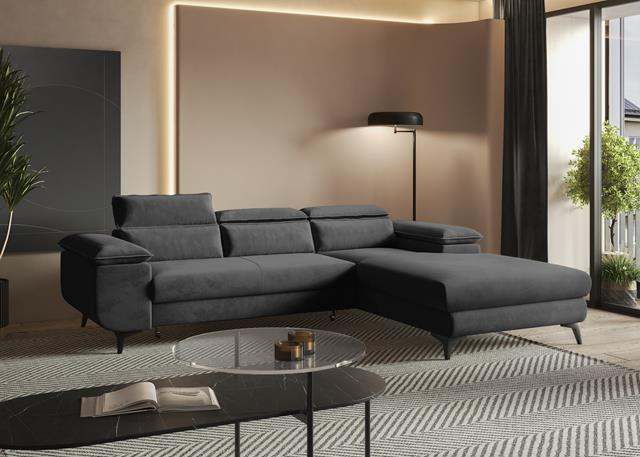 Modern FLAT Corner Sofa Bed with adjustable headrests and storage, in a stylish living room setting.