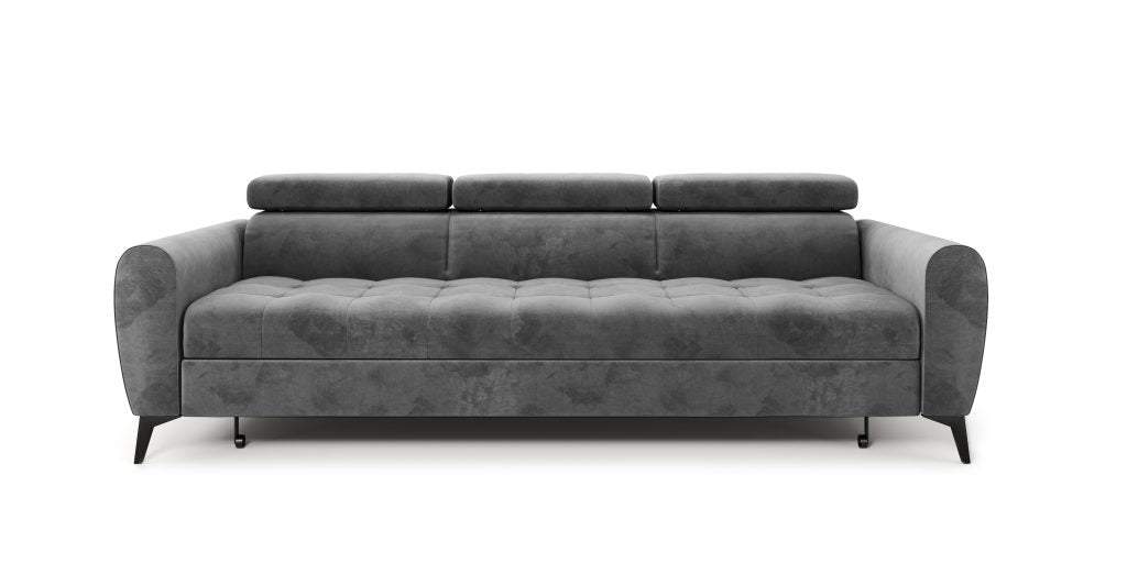 BJORN sofa bed in gray hydrophobic fabric with adjustable headrests and multifunctional design.