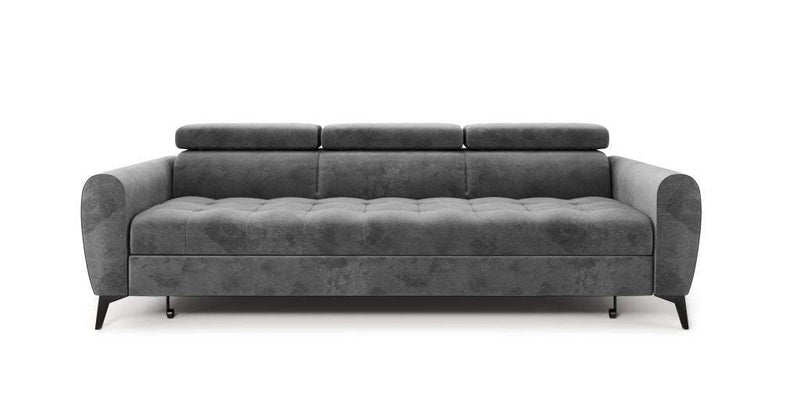 BJORN sofa bed in gray hydrophobic fabric with adjustable headrests and multifunctional design.