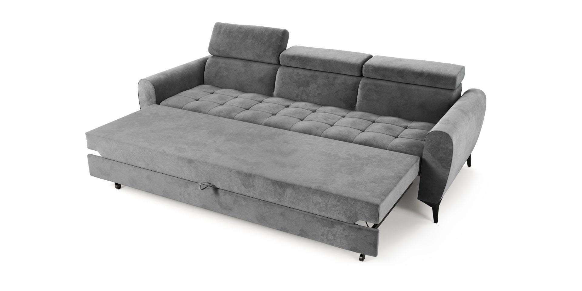 Gray BJORN sofa bed with adjustable headrests and sleeping function in hydrophobic fabric.