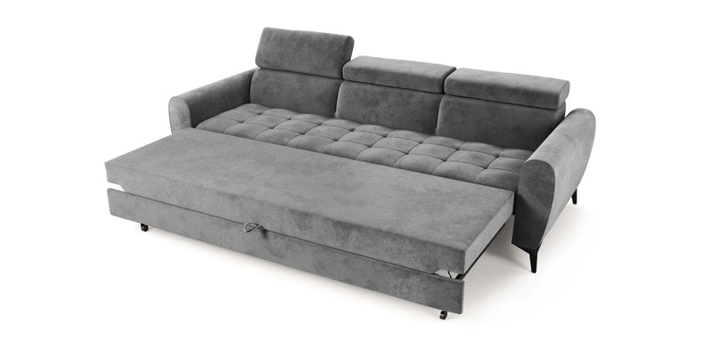 Gray BJORN sofa bed with adjustable headrests and sleeping function in hydrophobic fabric.