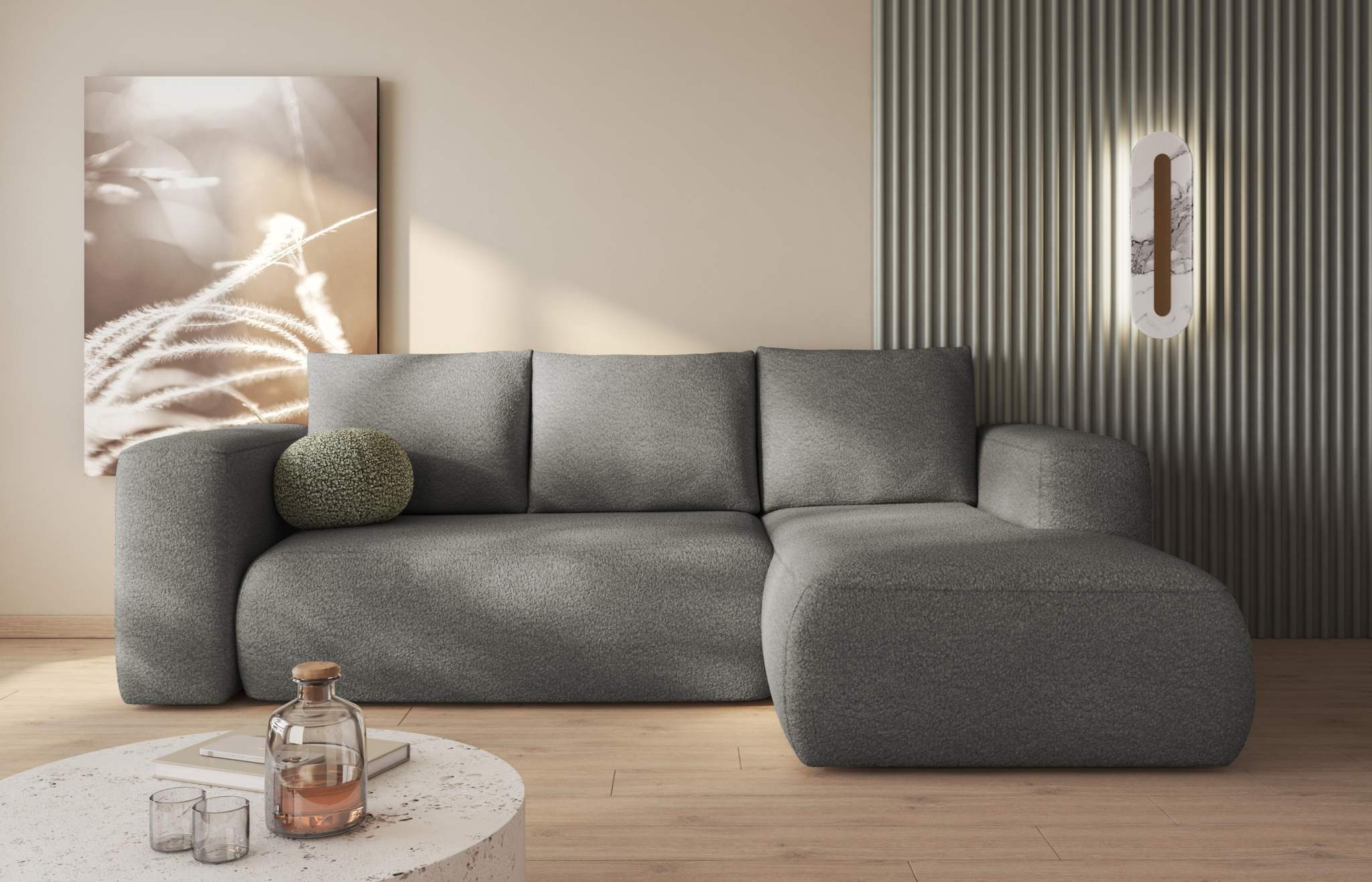LAMBI corner sofa bed in grey fabric in modern living room setting.